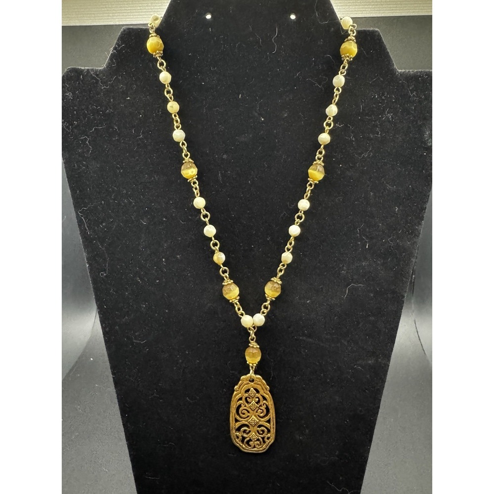 Vintage Gold Toned Chain And Beaded Necklace With Ornate Pendant - 24" Long